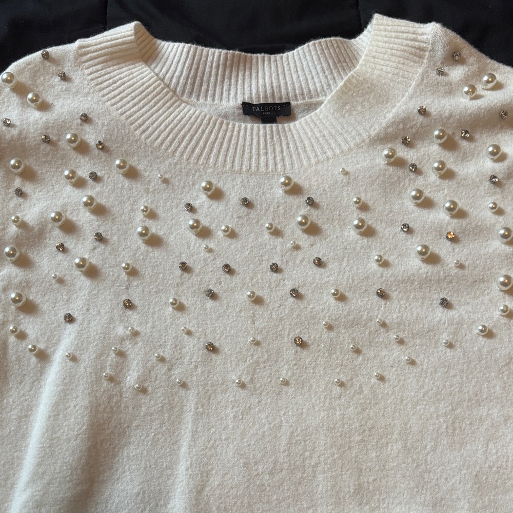Talbots Women's Ivory Sweater with Pearl Details jewels